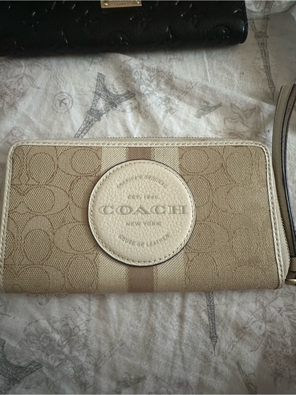 Coach Beige Signature Canvas Wristlet with Leather Patch